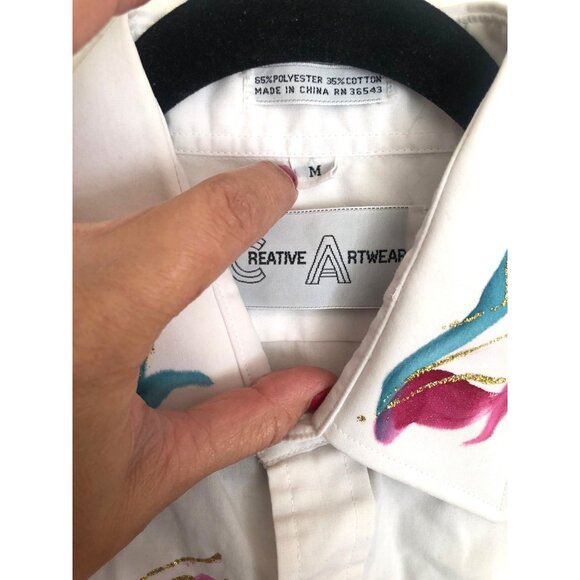 CREATIVE ARTWEAR- WOMENS WHITE FLORAL LONG SLEEVE BUTTOM FRONT SHIRT SIZE MEDIUM - Picture 4 of 6